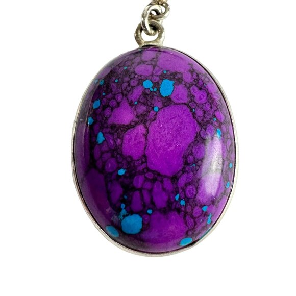 Imitation Turquoise & Purple Stone Necklace With 925 Silver Chain - Picture 2 of 5